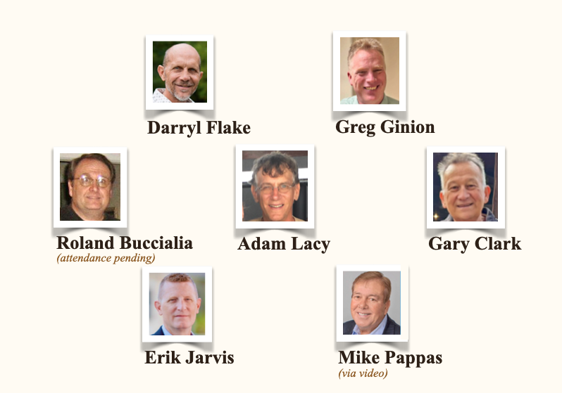 Photos of returning program directors: Darryl Flake, Greg Ginion, Roland Buccialia (attendance pending), Adam Lacy, Gary Clark, Erik Jarvis, and Mike Pappas (via video).